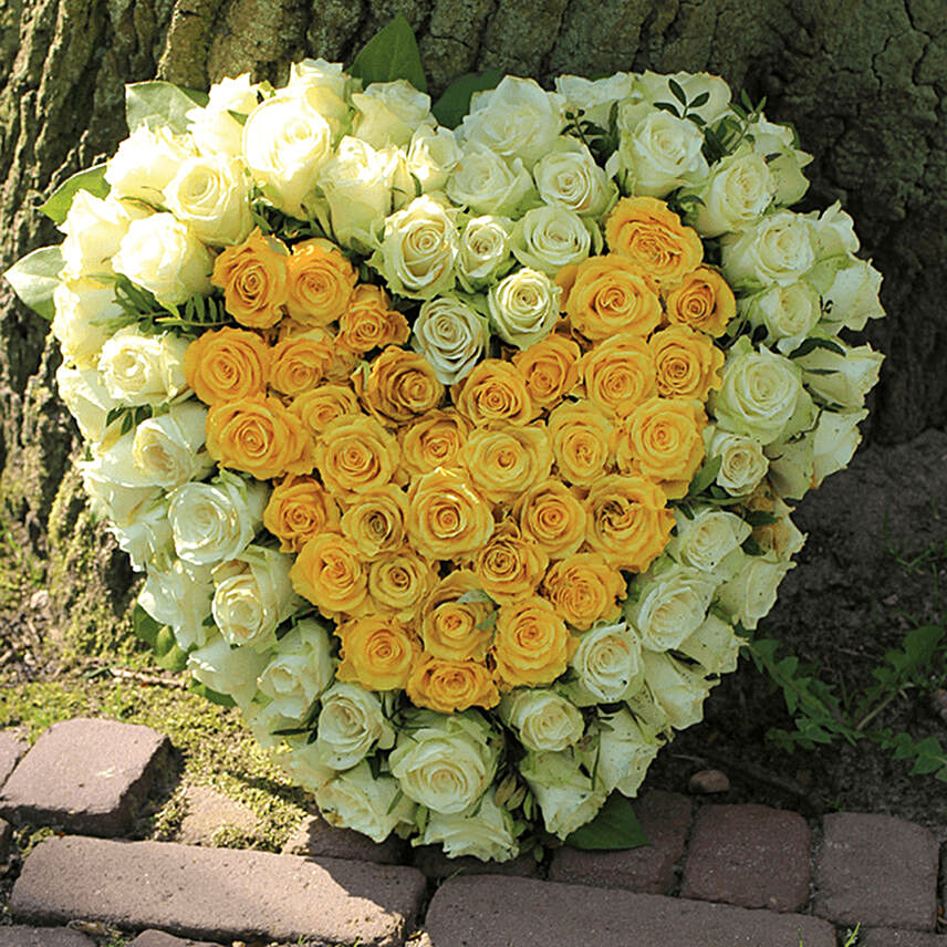 White & Yellow Roses Heart Shaped Arrangement