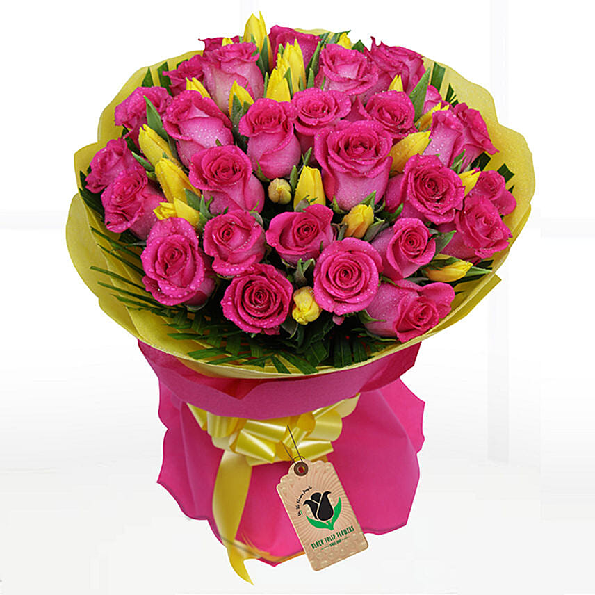 Yellow Tulips & Pink Roses Bouquet- Premium