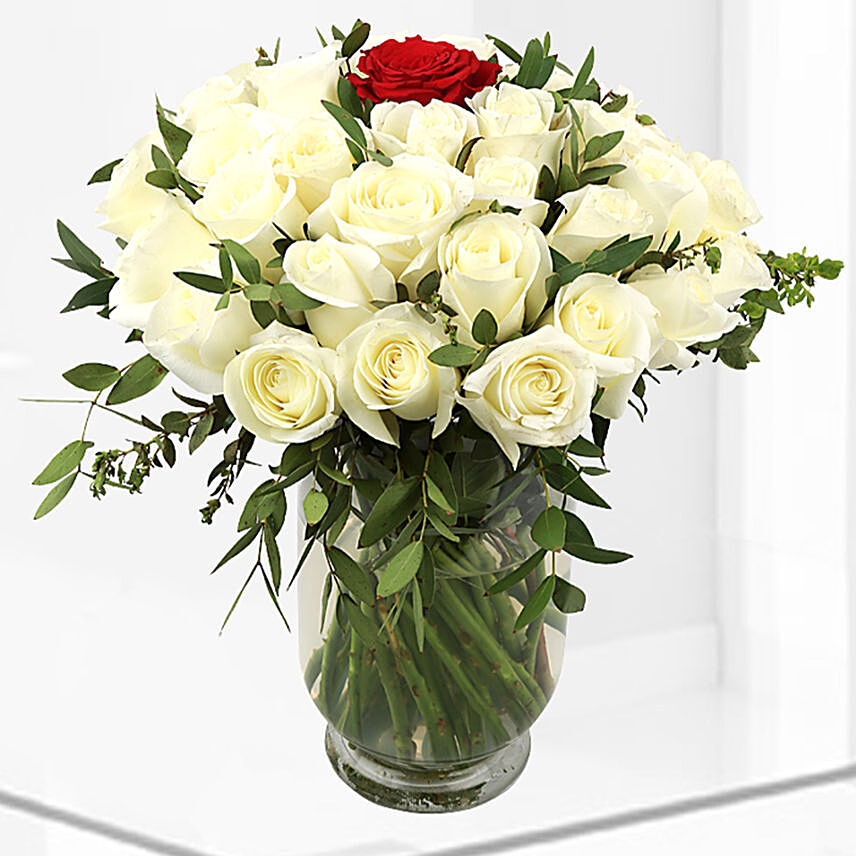 1 Red & 49 White Roses Vase