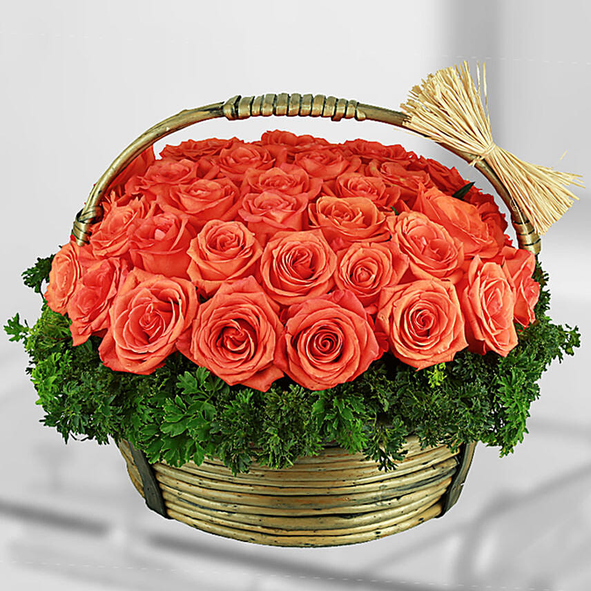 40 Stems Orange Roses Basket