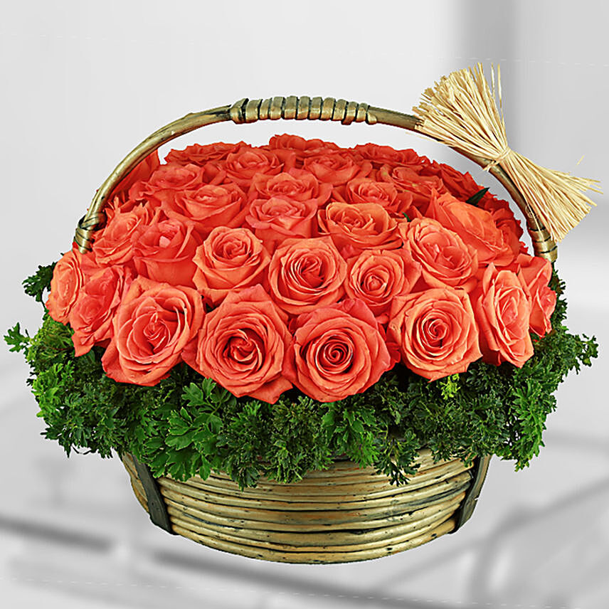 50 Stems Orange Roses Basket
