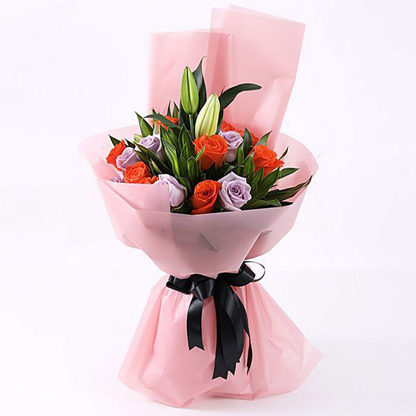 Bunch of Orange & Purple Roses- Deluxe