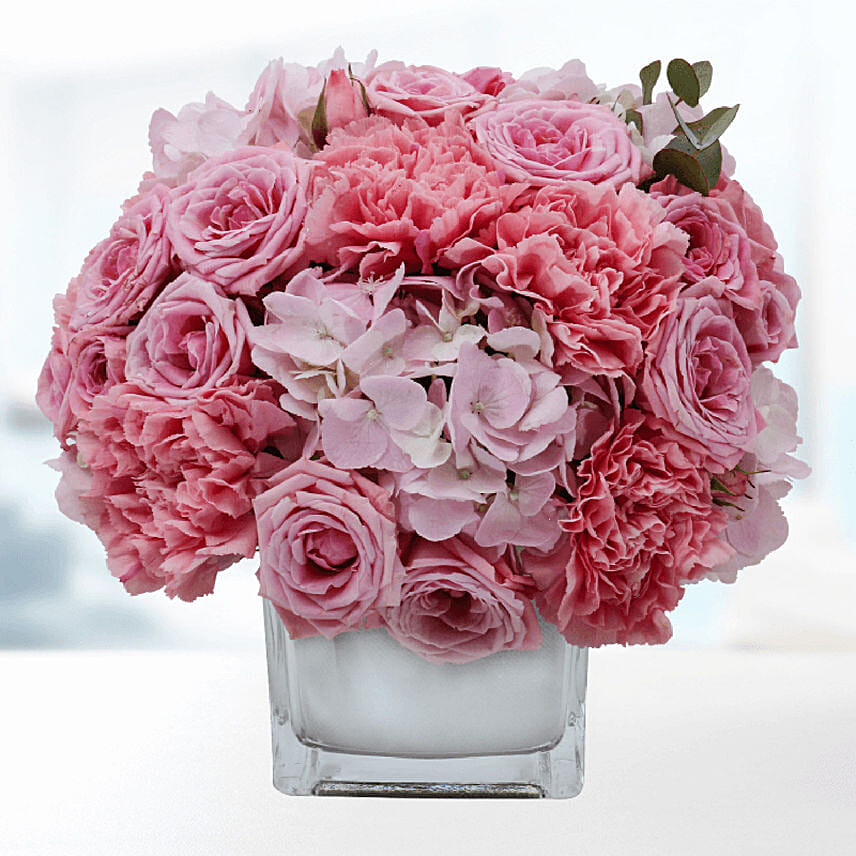 Delicate Pink Blooms In Vase- Deluxe