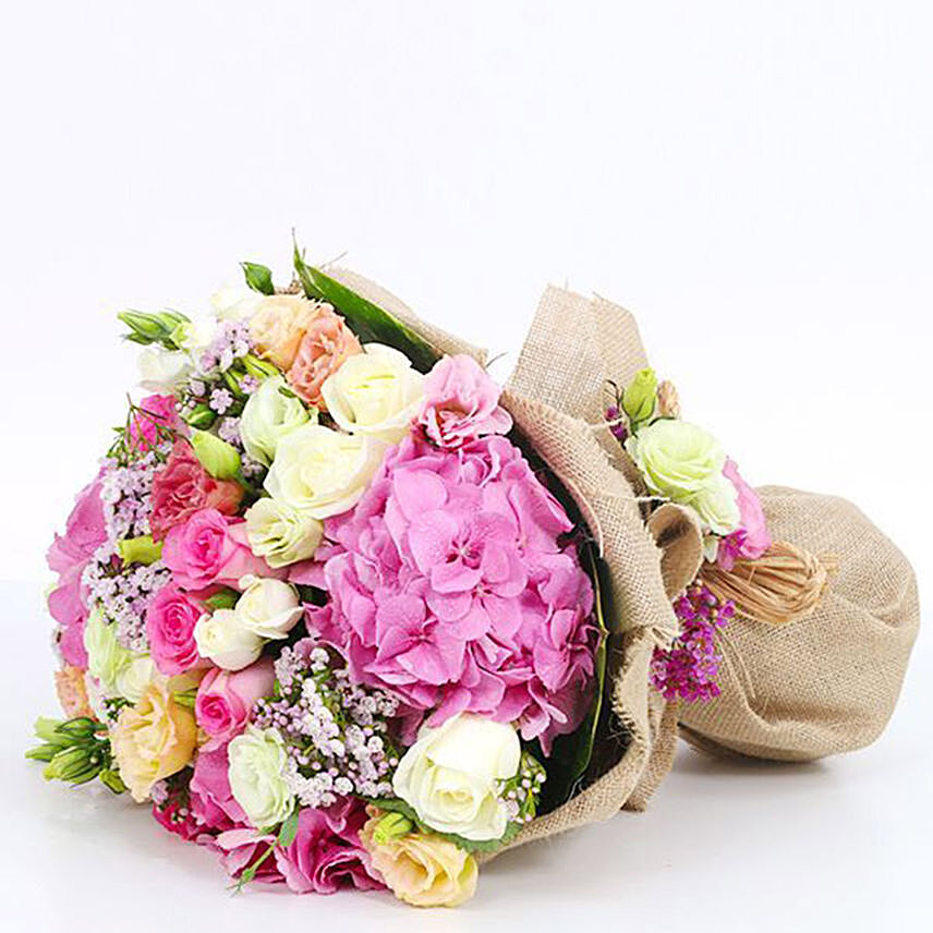 Mix Flowers Bunch With Pink Hydrangeas- Deluxe