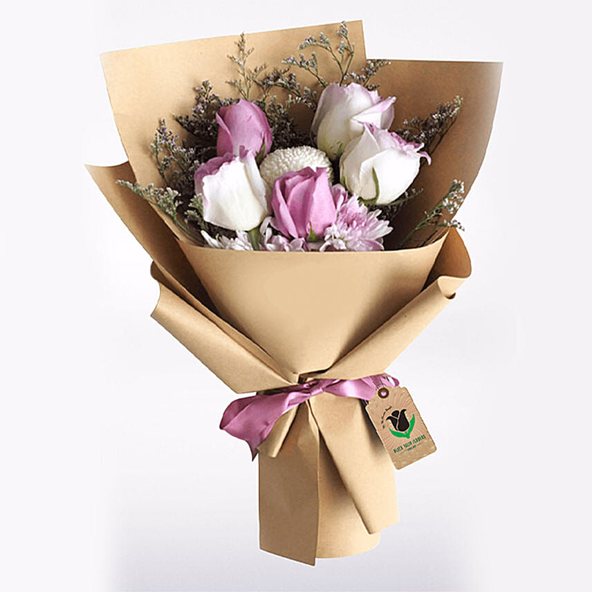 Purple & White Roses Bouquet- Premium