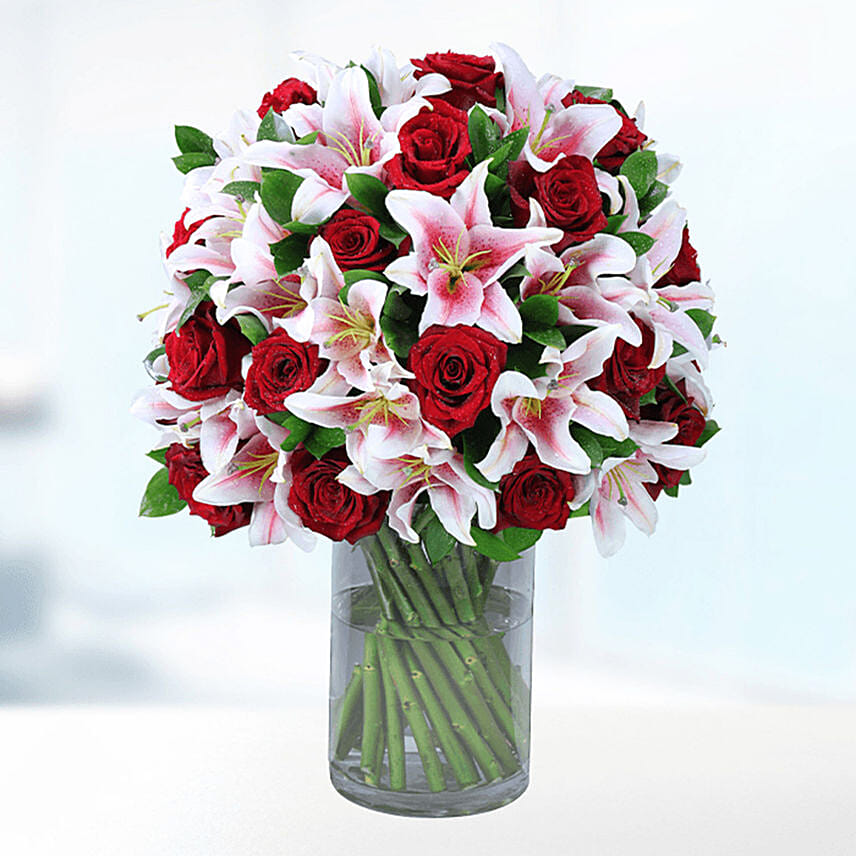 Red Roses & Pink Liles In Vase- Deluxe