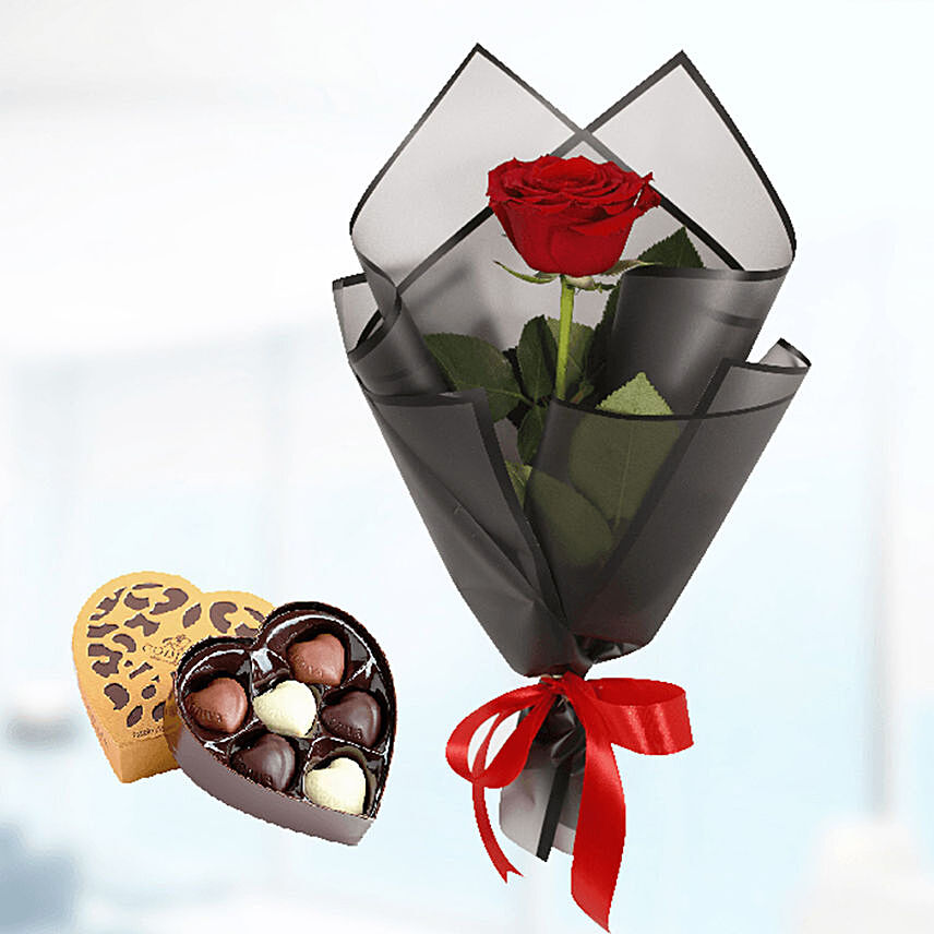 Single Red Rose Black Wrap & Godiva Chocolates