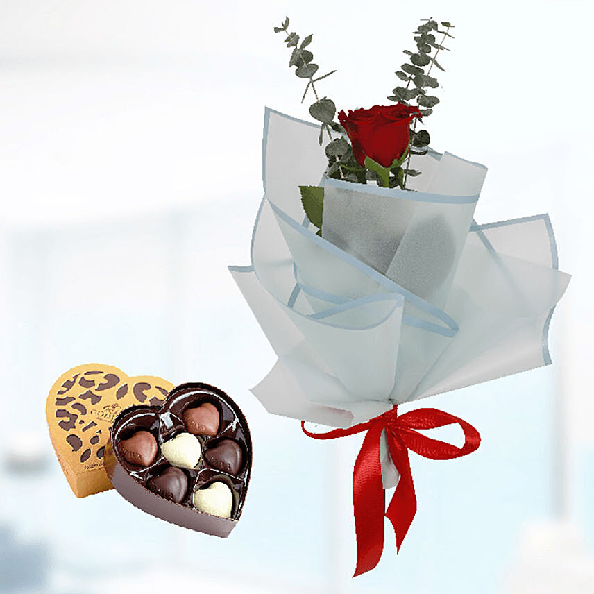 Single Red Rose Blue Wrap & Godiva Chocolates