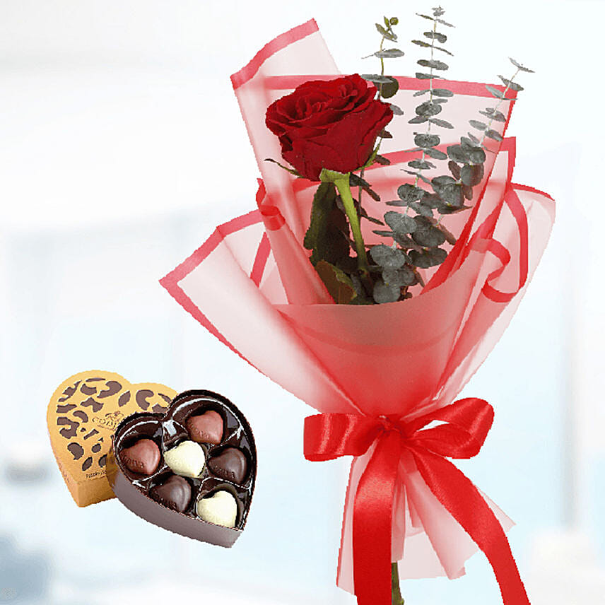 Single Red Rose & Godiva Chocolates