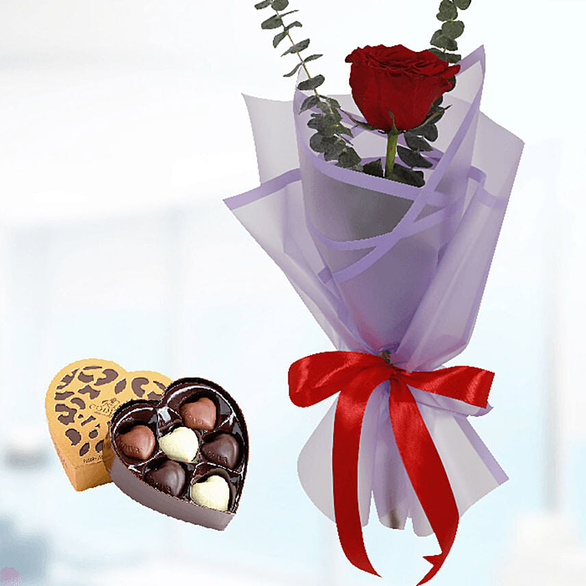 Single Red Rose Purple Wrap & Godiva Chocolates