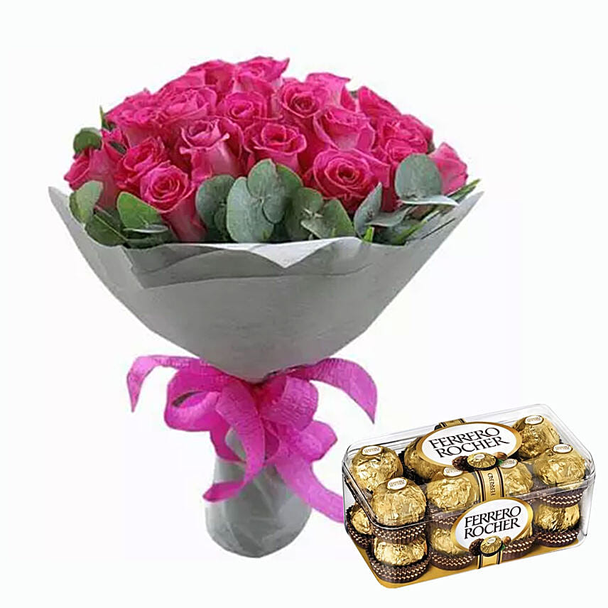 Dark Pink Roses Bunch & Ferrero Rocher 16 Pcs