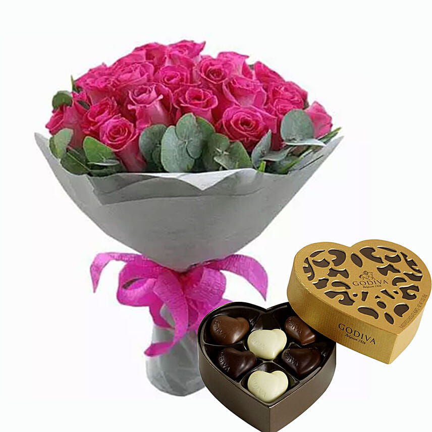 Dark Pink Roses Bunch & Godiva Chocolates 250 gms