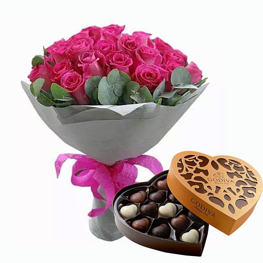 Dark Pink Roses Bunch & Godiva Chocolates 500 gms