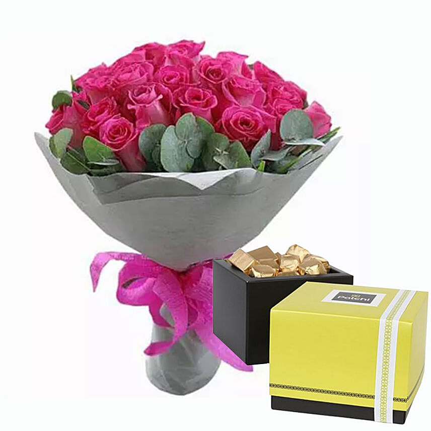 Dark Pink Roses Bunch & Patchi Chocolates 250 gms