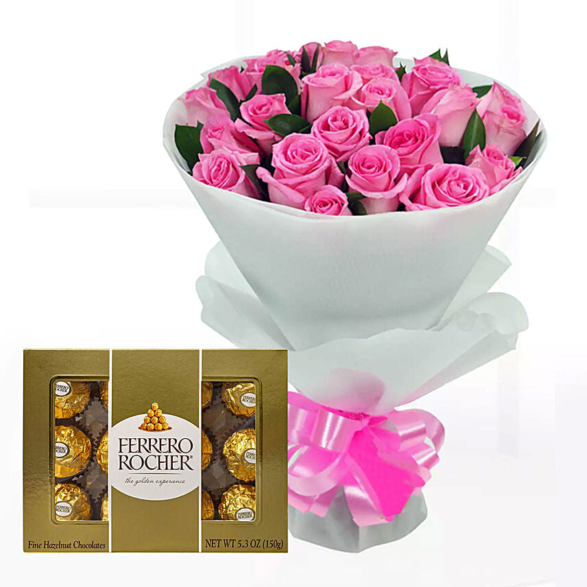 Delicate Pink Roses & Ferrero Rocher 12 Pcs