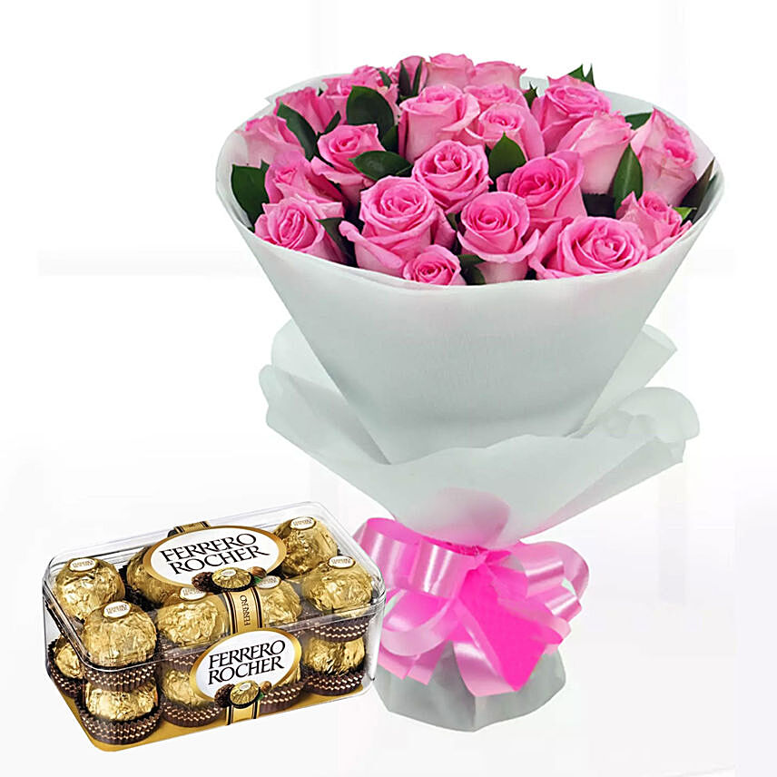 Delicate Pink Roses & Ferrero Rocher 16 Pcs
