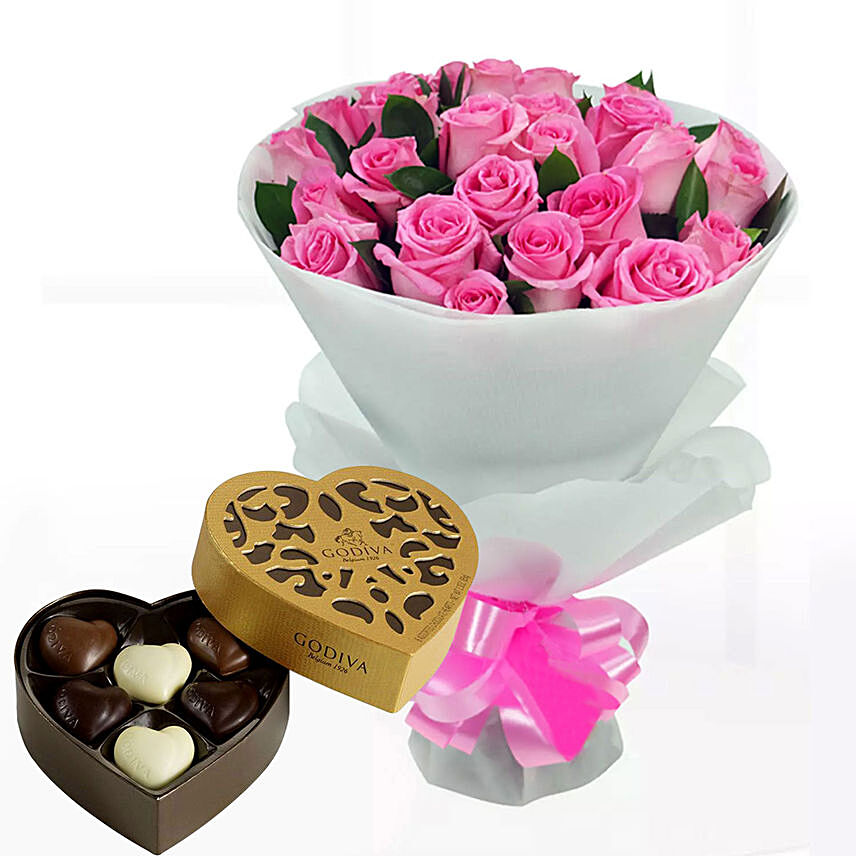 Delicate Pink Roses & Godiva Chocolates 250 gms