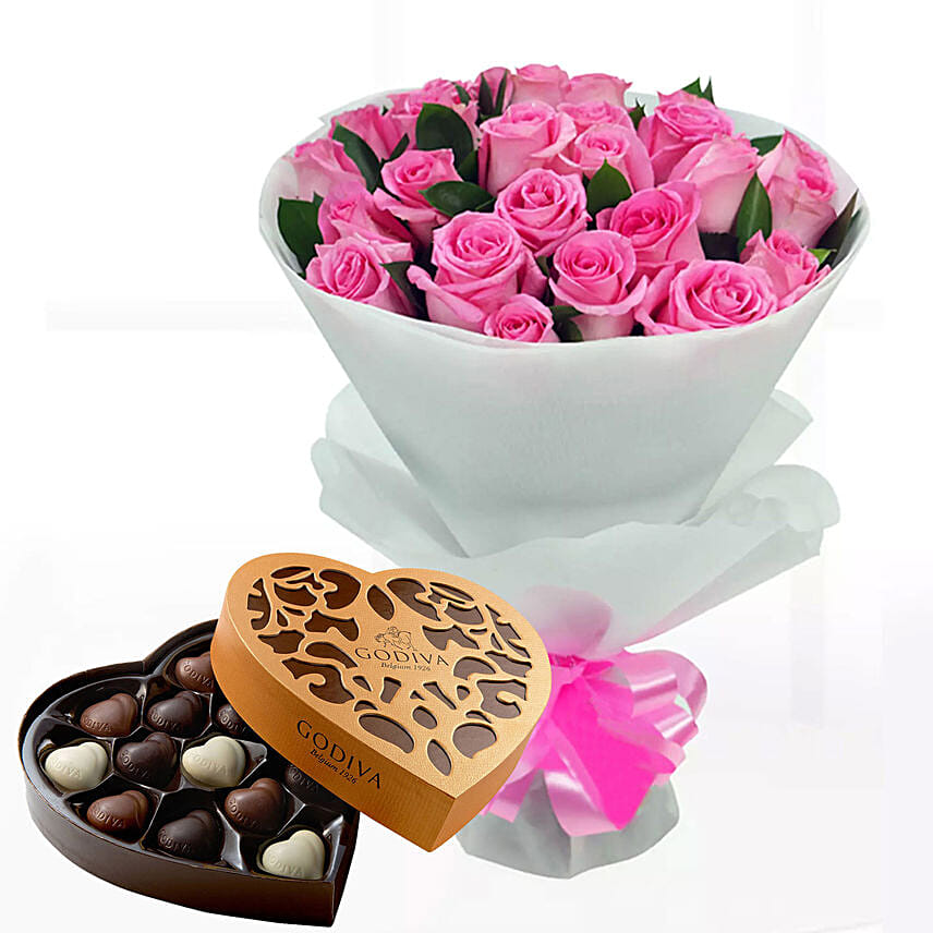 Delicate Pink Roses & Godiva Chocolates 500 gms