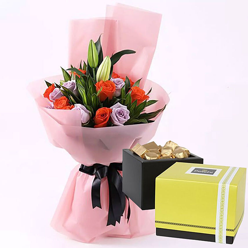 Elegant Flower Bouquet & Patchi Chocolates 500 gms