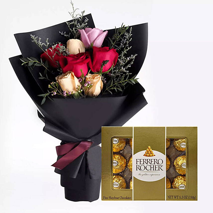 Mixed Roses Posy & Ferrero Rocher 12 Pcs