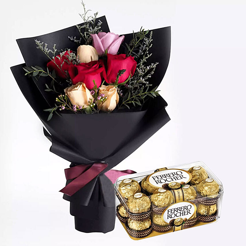 Mixed Roses Posy & Ferrero Rocher 16 Pcs