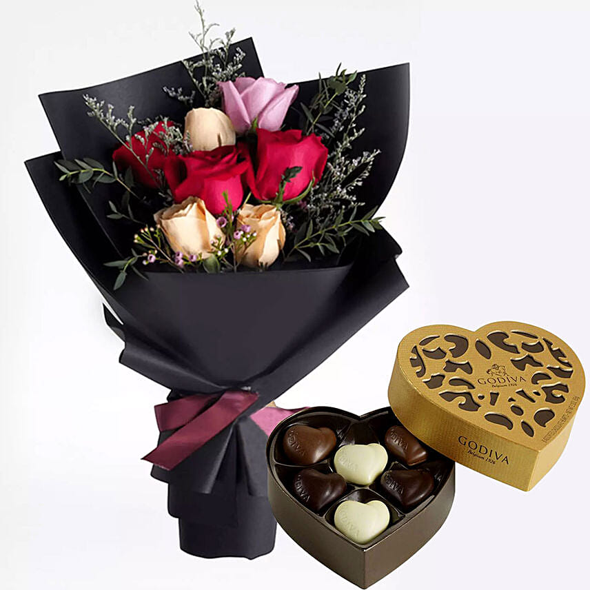 Mixed Roses Posy & Godiva Chocolates 250 gms