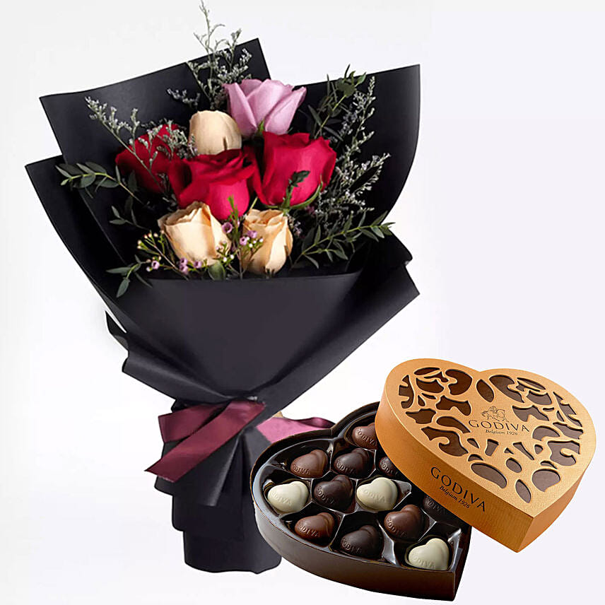 Mixed Roses Posy & Godiva Chocolates 500 gms