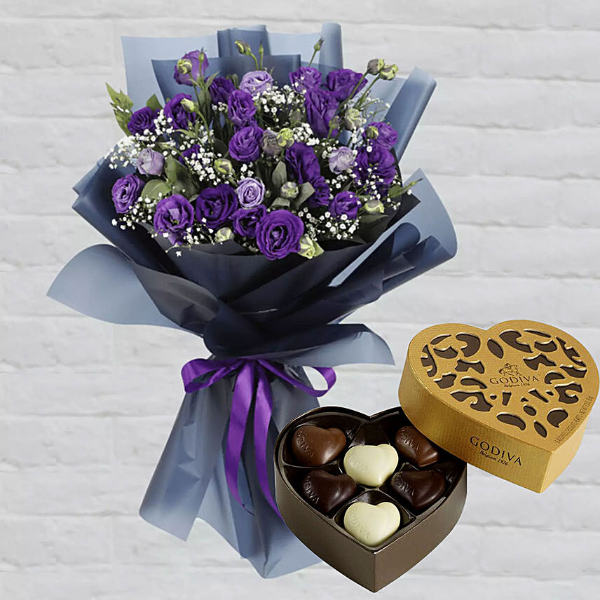Purple Lisianthus & Godiva Chocolates 250 gms