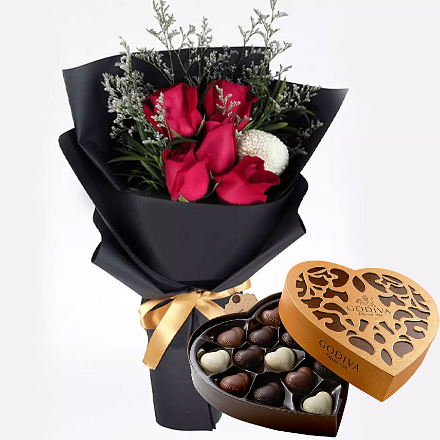 Romantic Red Roses & Godiva Chocolates 500 gms