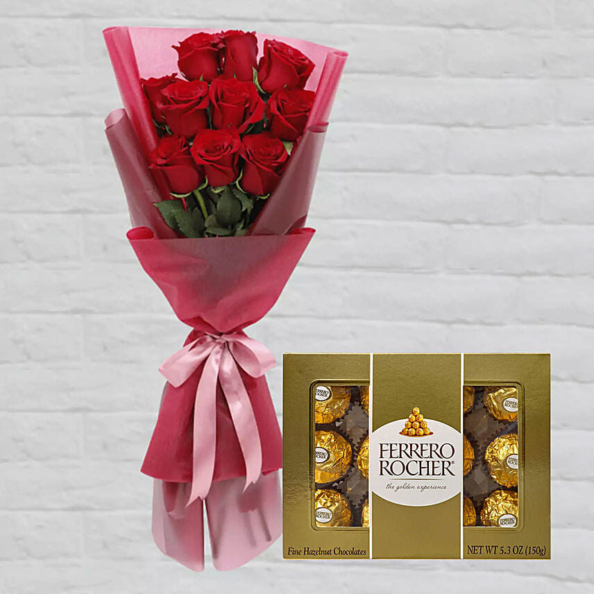 Romantic Red Roses Posy & Ferrero Rocher 12 Pcs