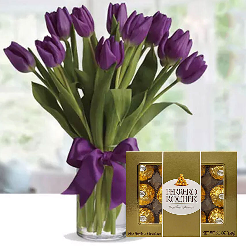 Royal Purple Tulips & Ferrero Rocher 12 Pcs