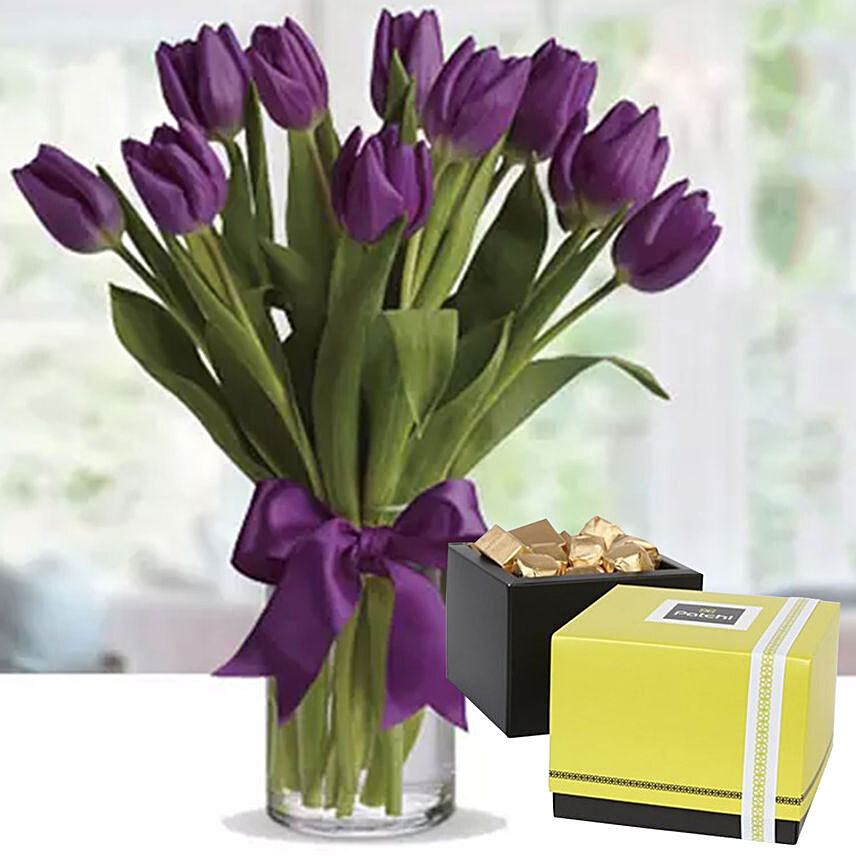 Royal Purple Tulips & Patchi Chocolates 500 gms