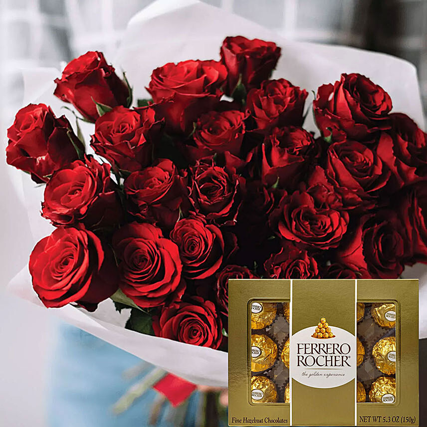 Vivid Red Roses Bunch & Ferrero Rocher 12 Pcs