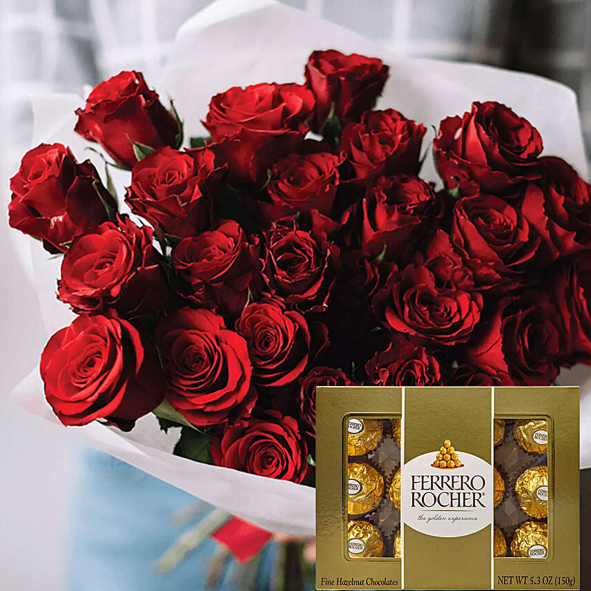 Vivid Red Roses Bunch & Ferrero Rocher 12 Pcs