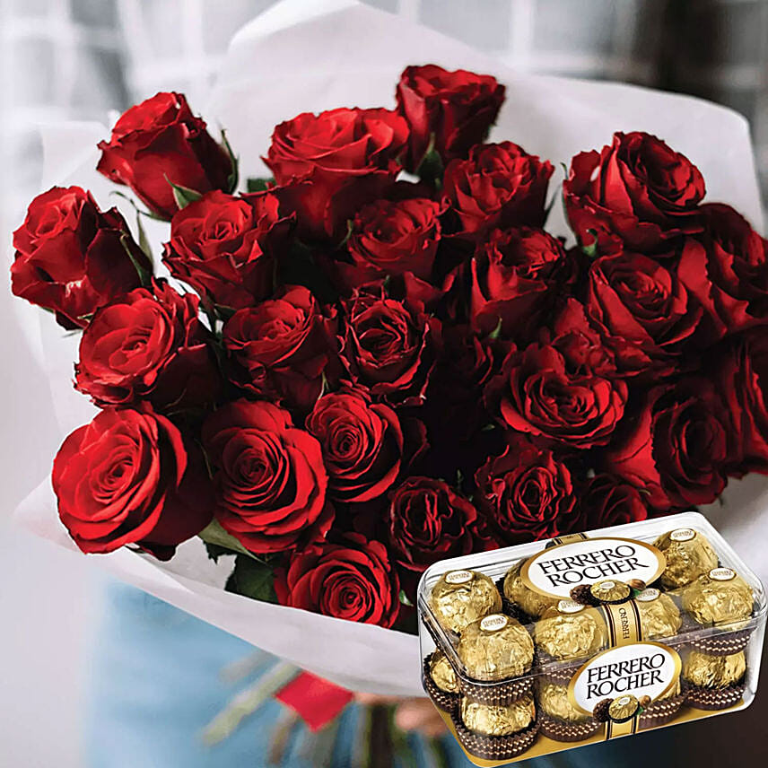 Vivid Red Roses Bunch & Ferrero Rocher 16 Pcs