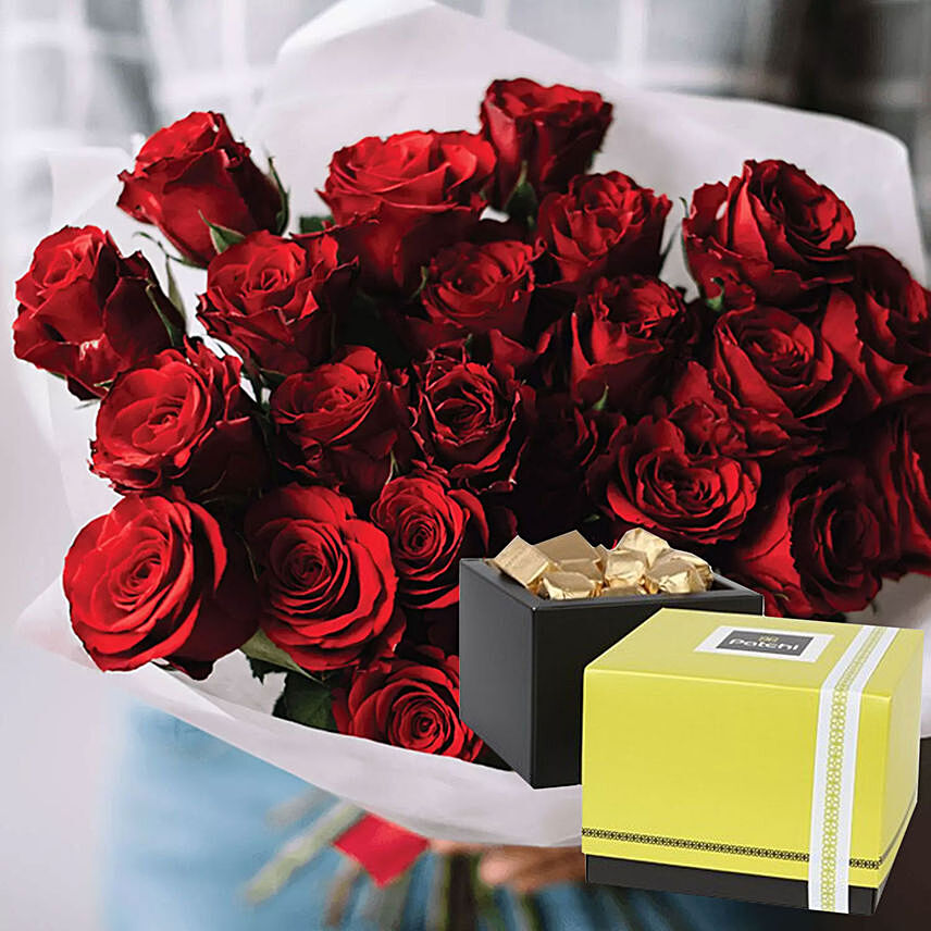 Vivid Red Roses Bunch & Patchi Chocolates 250 gms