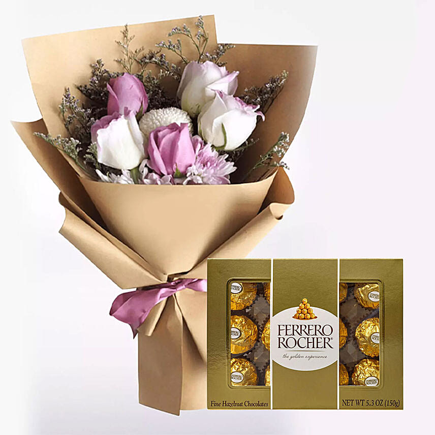 White Purple Flowers & Ferrero Rocher 12 Pcs