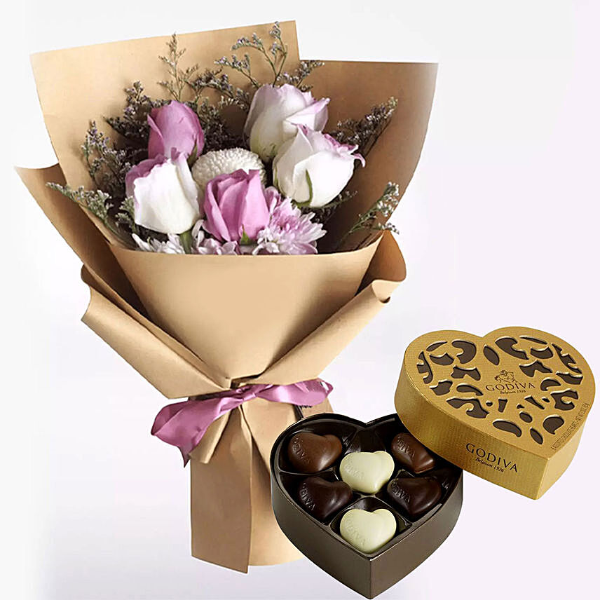 White Purple Flowers & Godiva Chocolates 250 gms