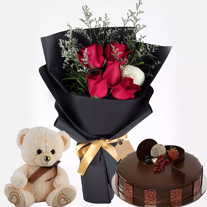 Chocolate Cake with Soft Toy & flowers