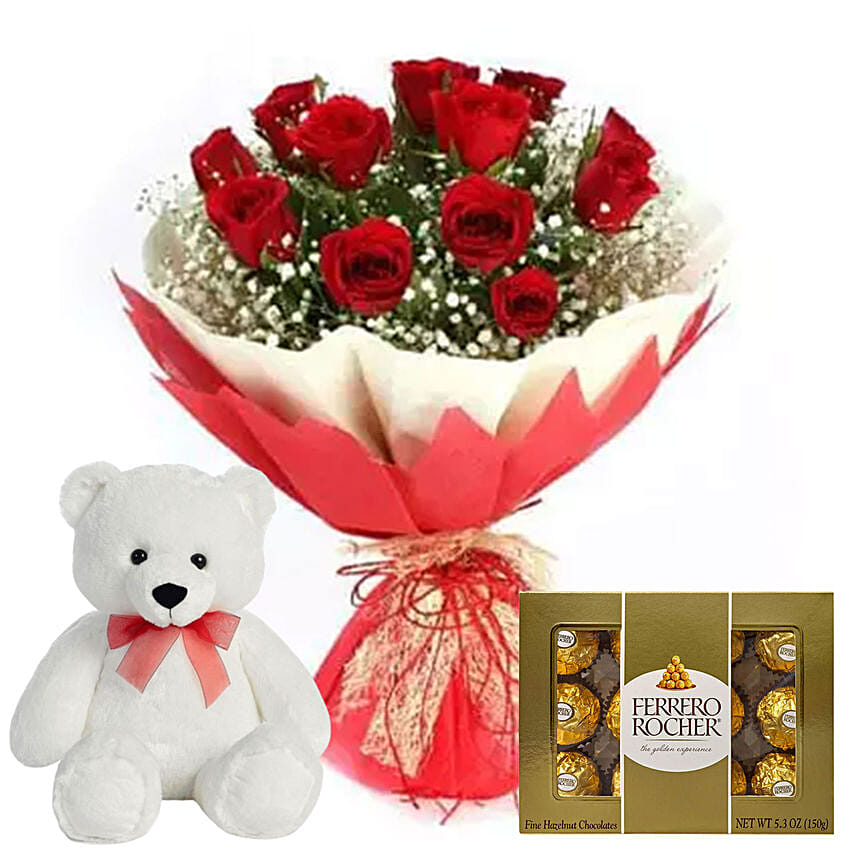 Chocolate with Red Roses & Teddy Bear