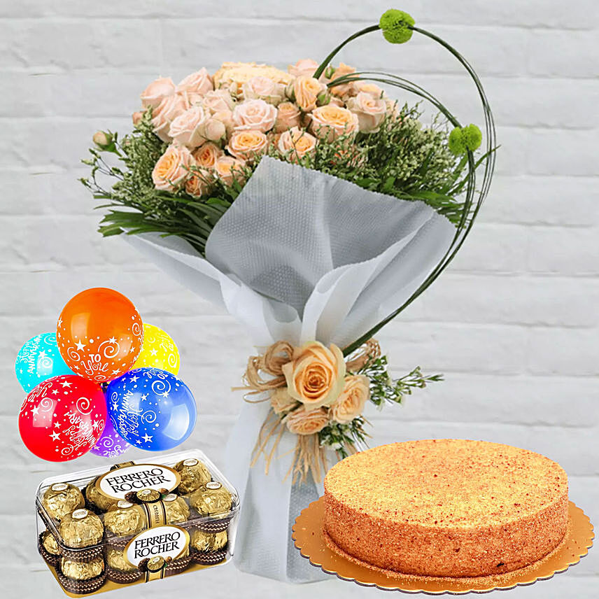 Honey Cake With Peach Roses Combo