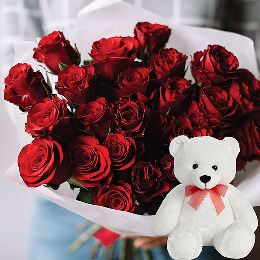 Soft Toy & Red Roses Bouquet
