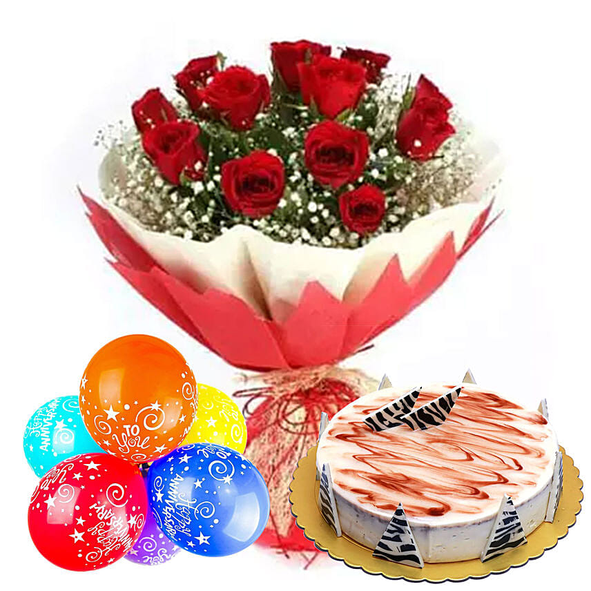 Anniversary Wishes with Cake & Red Roses