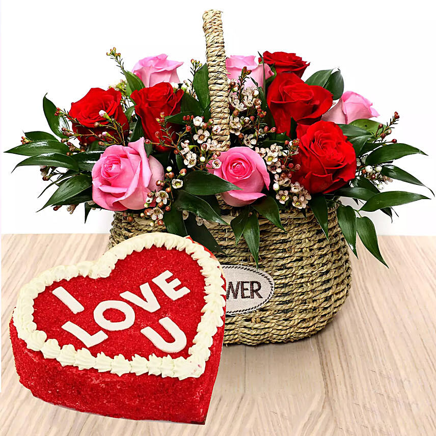 I Love You Red Velvet Cake And Roses Basket