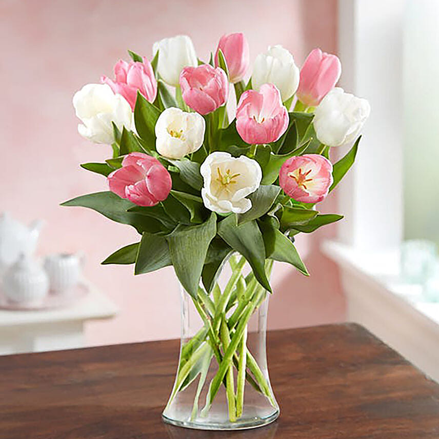 Serene Mixed Tulips Glass Vase Arrangement