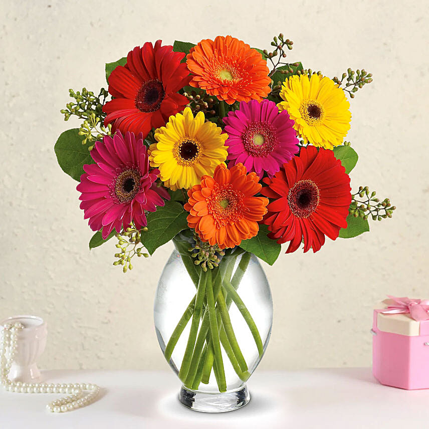 Heavenly Multicoloured Gerberas In Glass Vase