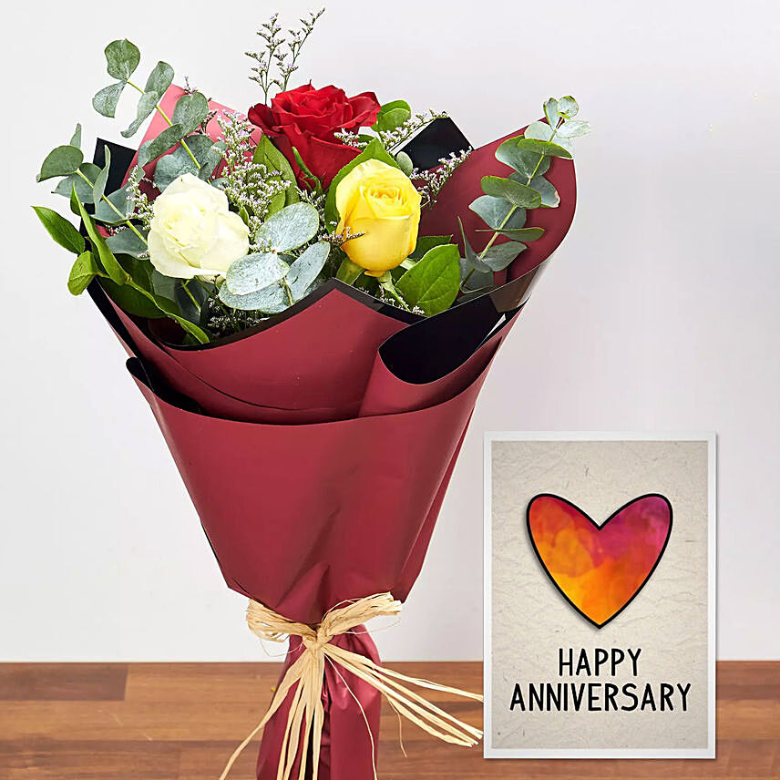 3 Mix Color Roses & Handmade Anniversary Card