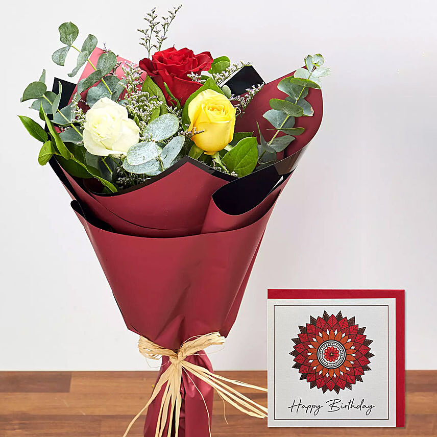3 Mix Color Roses & Handmade Birthday Card