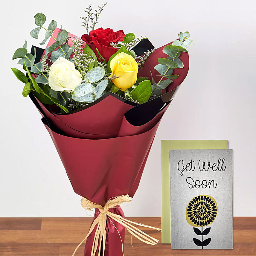 3 Mix Color Roses & Handmade Get Well Soon Card