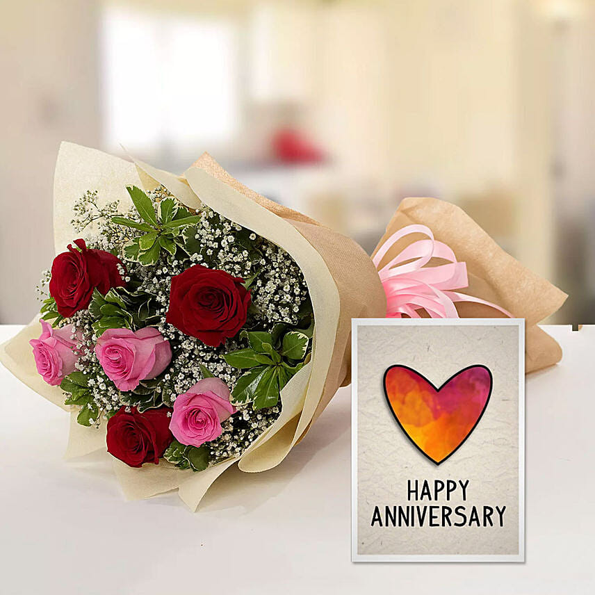 6 Mix Roses Bouquet & Anniversary Card